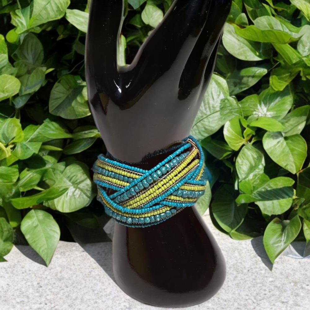 Turquoise and Green Criss-Cross Cuff Bracelet with seed beeds